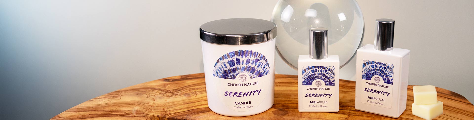 Serenity collection by Cherish Nature – calming candles, air parfums, and wax melts.