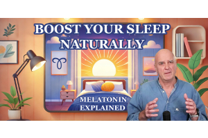 Banner showing a cozy bedroom with sunrise illustration, promoting natural ways to boost melatonin for better sleep.