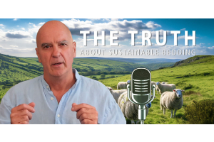 Thumbnail for Devon Duvets video titled 'Why Wool Matters: The Truth About Sustainable Bedding'. Image features a wool duvet, a sheep in a field, and the text 'Sustainable Bedding' in bold, showcasing natural materials and eco-friendly bedding.