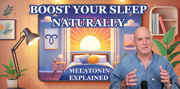 Banner showing a cozy bedroom with sunrise illustration, promoting natural ways to boost melatonin for better sleep.