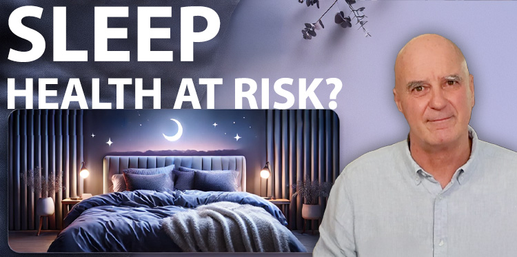 The director of Devon Duvets standing confidently with a bedroom in the background, featuring the text "Sleep Health at Risk" in bold.