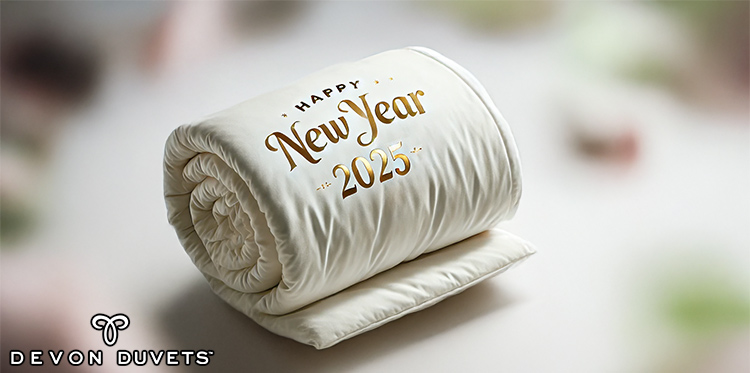 Happy new year 2025 duvet rolled up on a bed Devon Duvets.