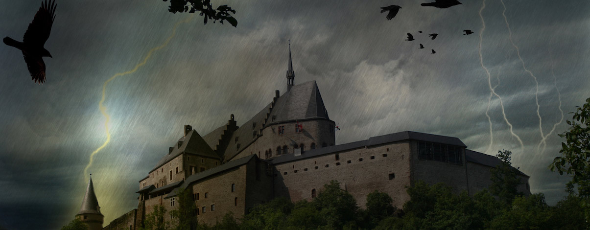 A dark, moody castle under a stormy sky with flashes of lightning and silhouettes of ravens flying, evoking a dramatic and mysterious atmosphere.