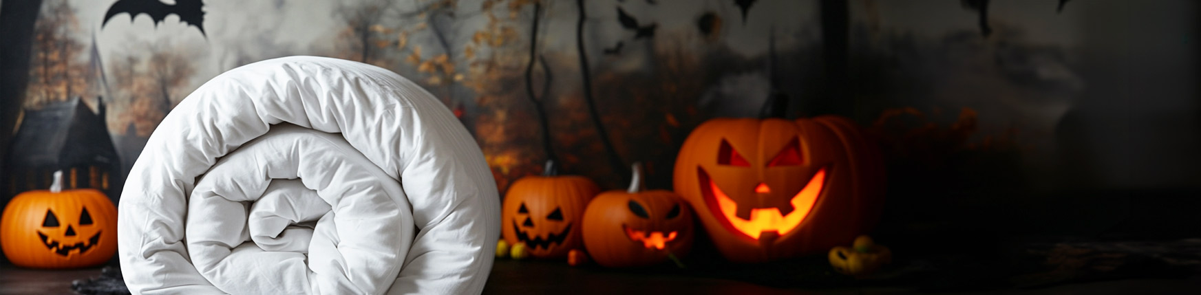 Halloween pumpkin and wool duvet on rustic autumn table – eco-friendly bedding by Devon Duvets