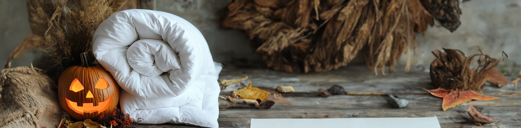 Handcrafted British wool duvet and Halloween pumpkin with autumn leaves – sustainable bedding by Devon Duvets