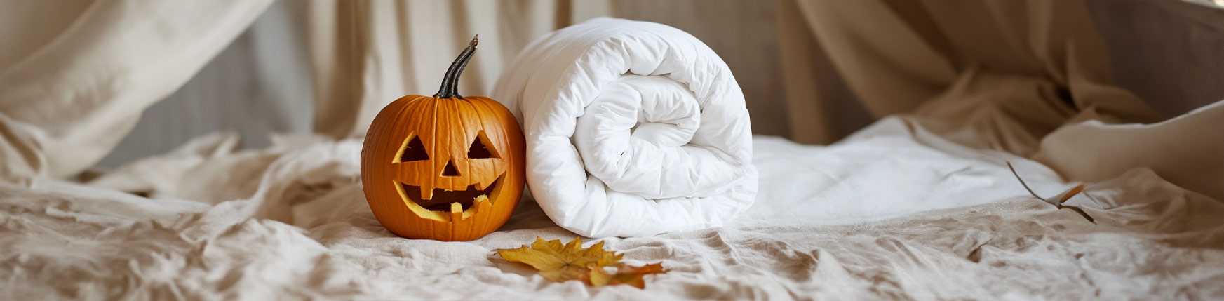 Rolled wool duvet with Halloween pumpkin – handcrafted British wool bedding by Devon Duvets