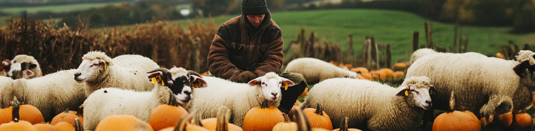 Devon farmer with sheep in a pumpkin field celebrating British wool and Halloween