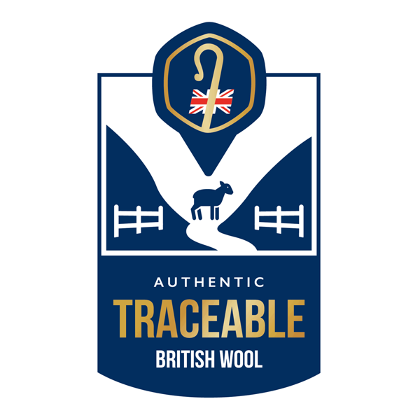 Blue and white Authentic Traceable British Wool logo with a sheep and Union Jack hook.