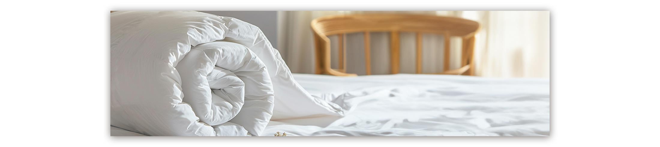 Authentic Individaully handcrafted luxury duvet rolled up on a bed.