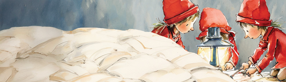 An enchanting illustration of three cheerful elves wearing red hats and coats, gathered around a cosy lantern in a workshop. They appear to be working on a soft white duvet, with a whimsical toy mouse nearby, set against a soft, wintry background.