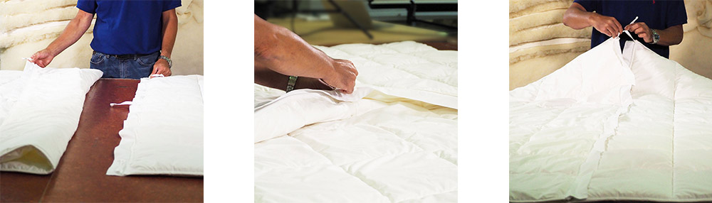 Close-up of hands assembling a handcrafted modular duvet.