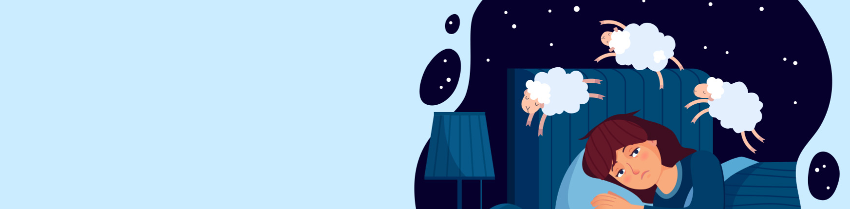 Vector illustration of a person lying awake in bed, looking frustrated, counting sheep in an attempt to fall asleep.