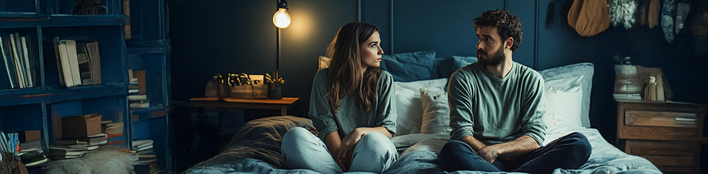 Couple having a heartfelt conversation about improving their sleep habits together.