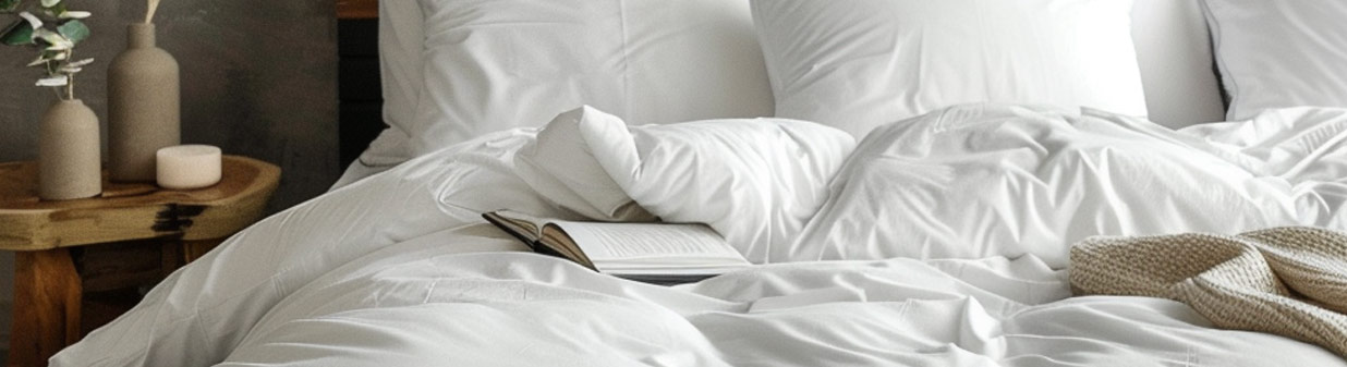 A white wool duvet on a bed with a book on the bed in a cosy bedroom.